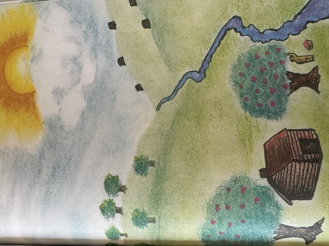 Anne's illustration of a green landscape with the sun and a river
